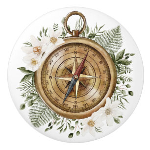 Watercolor Flower and Green Leaves Floral Compass Ceramic Knob