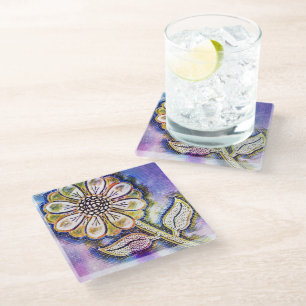 Watercolor flower art on blue glass coaster
