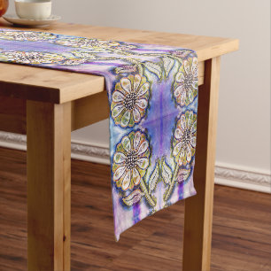 Watercolor flower art on blue long table runner