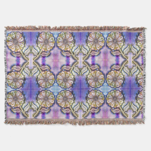 Watercolor flower art on blue throw blanket (Front)