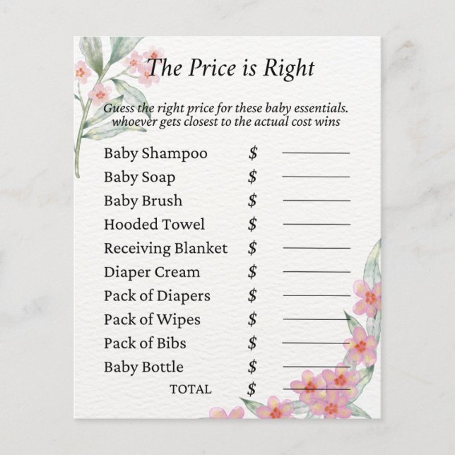 watercolor flower Baby Shower Game (Front)
