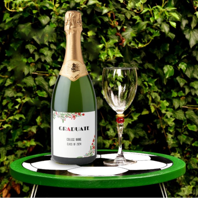 Watercolor flower black white red graduation sparkling wine label (Creator Uploaded)