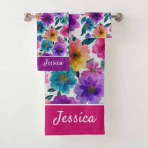 Watercolor Flower Blossoms Colorful Floral Name Bath Towel Set