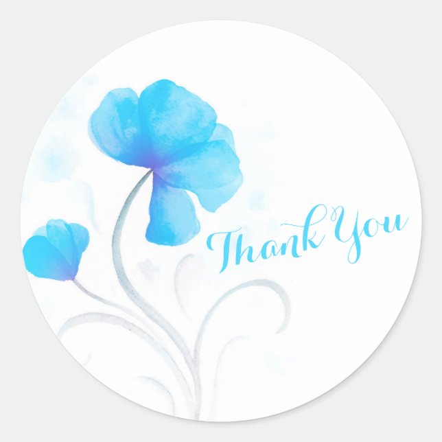 Watercolor flower blue wedding thank you sticker (Front)