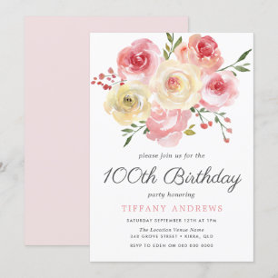 Watercolor Flower Blush Pink 100th Birthday Invite