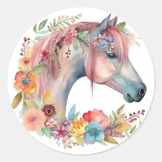 Watercolor Flower Boho Horse Pastel Classic Round Sticker (Front)