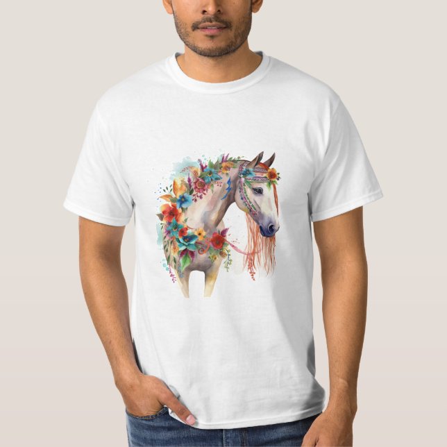 Watercolor Flower Boho Horse Pastel T-Shirt (Front)