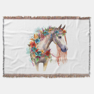 Watercolor Flower Boho Horse Pastel Throw Blanket