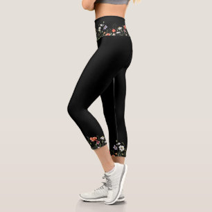 Watercolor Flower Border On Black Capri Leggings