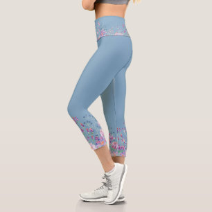 Watercolor Flower Border On Blue Capri Leggings