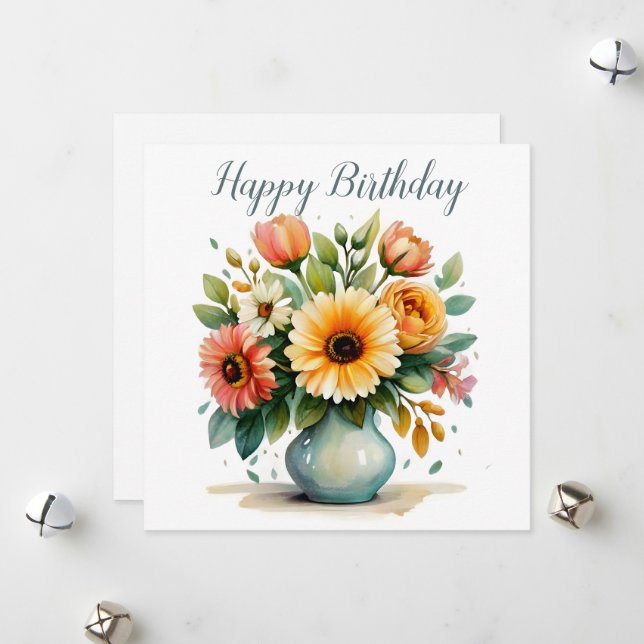 Watercolor Flower Bouquet Birthday Holiday Card (Front/Back In Situ)
