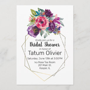 Watercolor Flower Bouquet Geometric Gold Frame Invitation