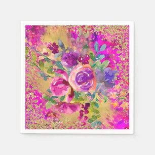 Watercolor Flower Bouquet on Pink Glitter Napkin