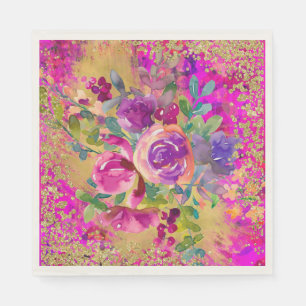 Watercolor Flower Bouquet on Pink Glitter Napkin