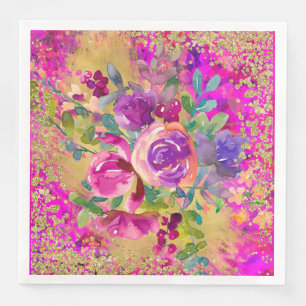 Watercolor Flower Bouquet on Pink Glitter Napkin