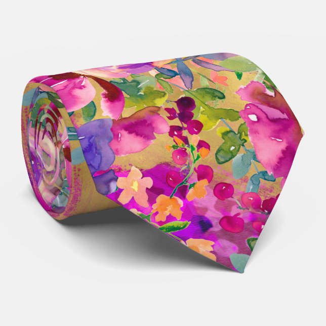 Watercolor Flower Bouquet on Raspberry Pink Tie (Rolled)