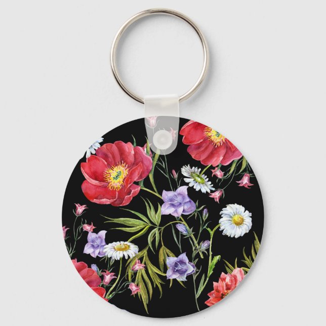 Watercolor Flower Bouquet: Seamless Pattern Key Ring (Front)