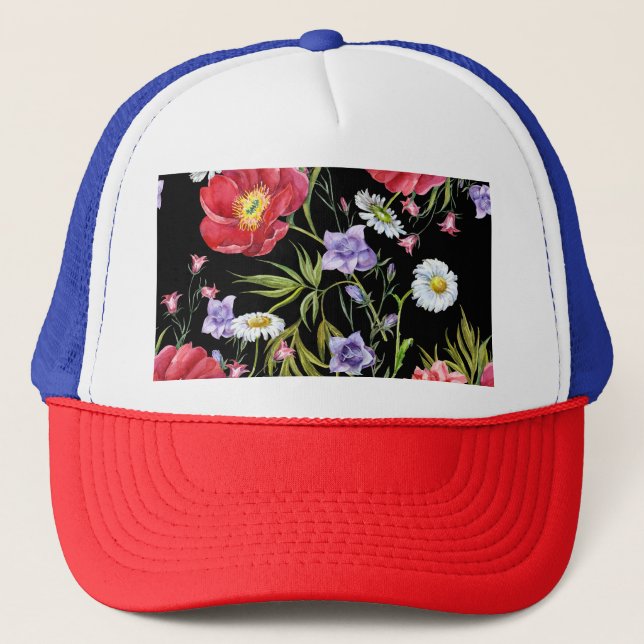 Watercolor Flower Bouquet: Seamless Pattern Trucker Hat (Front)