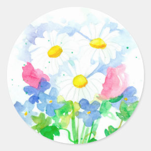 Watercolor Flower Bouquet Shasta Daisy Classic Round Sticker