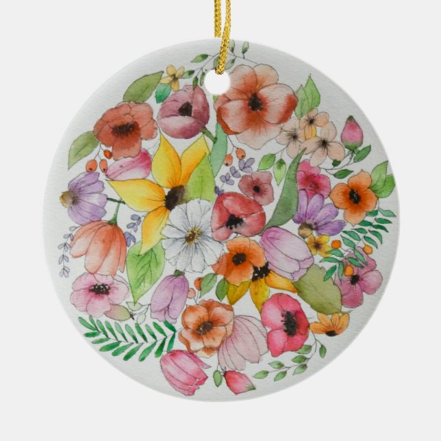 Watercolor flower  ceramic tree decoration (Front)