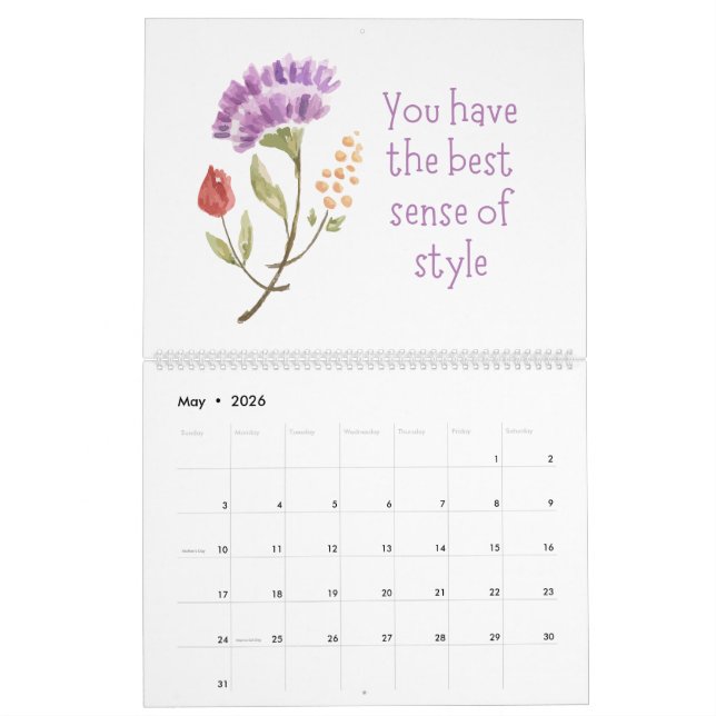 Watercolor Flower Compliment Quotes Calendar (May 2026)