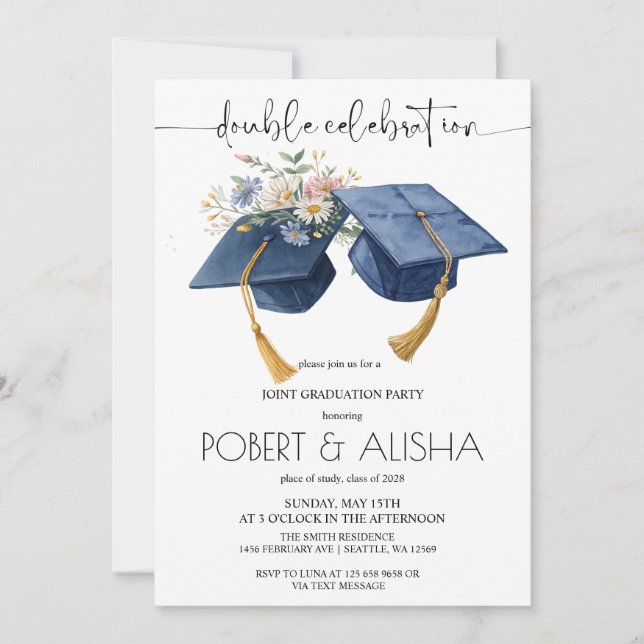 Watercolor Flower Double Graduation Party Invitation (Front)