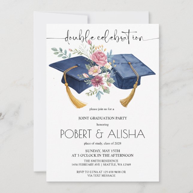 Watercolor Flower Double Graduation Party Invitation (Front)