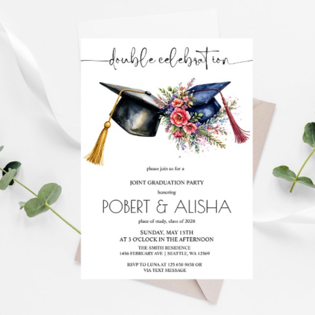 Watercolor Flower Double Graduation Party Invitation (Creator Uploaded)