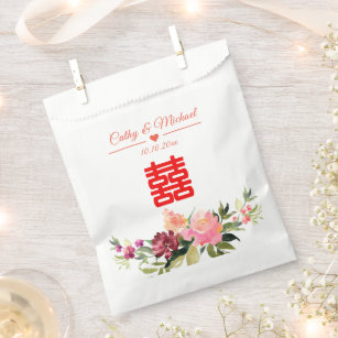 Watercolor flower double happiness chinese wedding favour bags