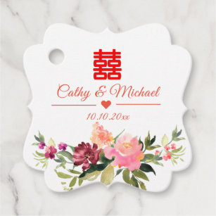 Watercolor flower double happiness chinese wedding favour tags