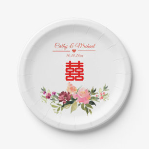 Watercolor flower double happiness chinese wedding paper plate