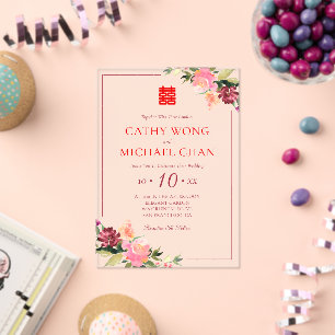 Watercolor flower double happiness wedding acrylic invitations