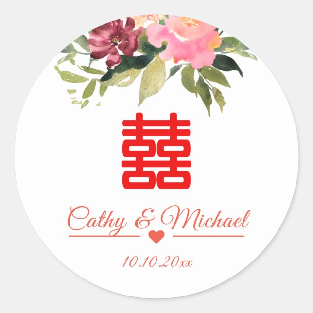 Watercolor flower double happiness wedding classic round sticker (Front)