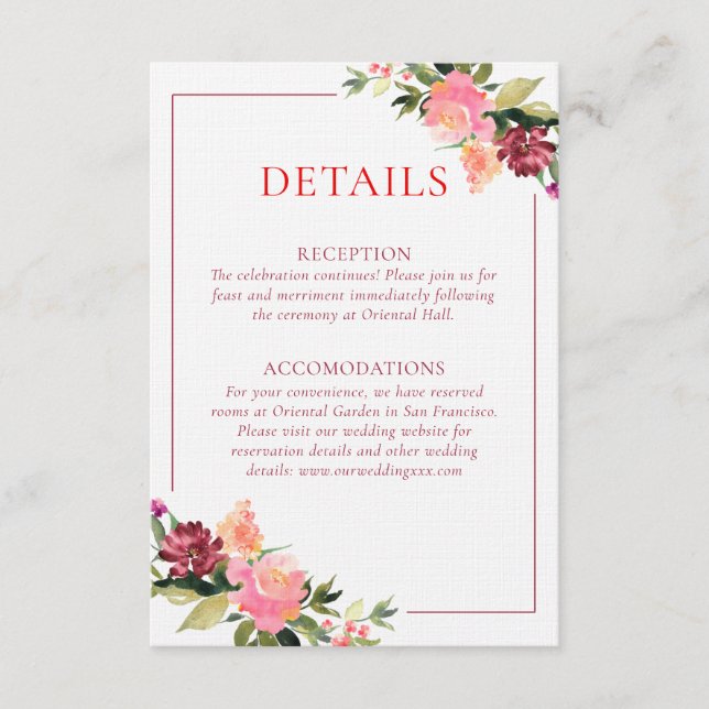 Watercolor flower double happiness wedding details enclosure card (Front)