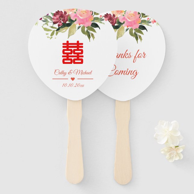 Watercolor flower double happiness wedding hand fan (Front and Back)