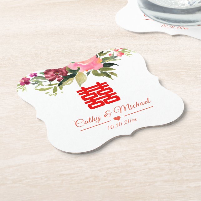 Watercolor flower double happiness wedding paper coaster (Angled)