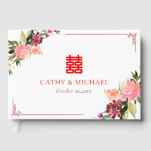 Watercolor flower double xi chinese wedding frame guest book