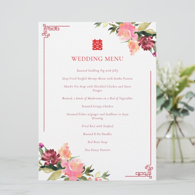 Watercolor flower double xi chinese wedding frame menu (Standing Front)