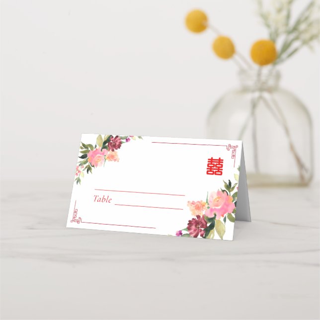 Watercolor flower double xi chinese wedding frame place card (Front)
