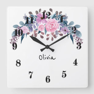 Watercolor flower floral wreath retro vintage pink square wall clock