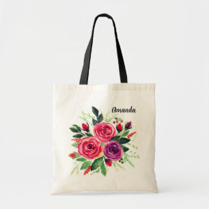 Watercolor flower floral wreath roses retro vintag tote bag
