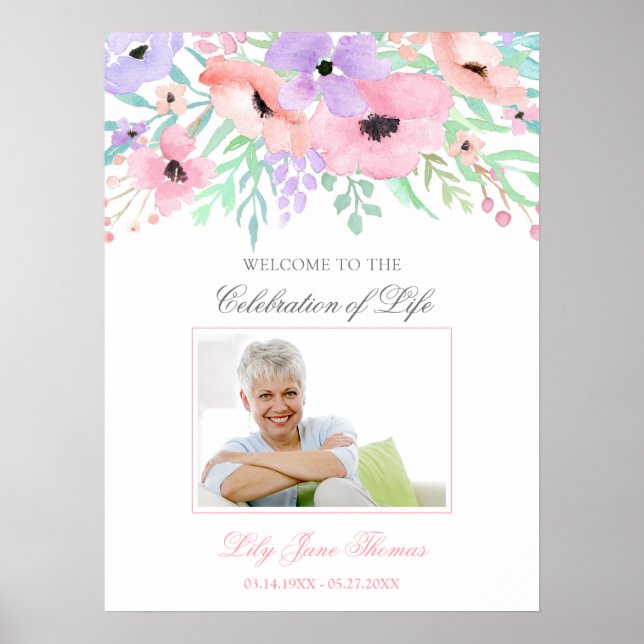 Watercolor Flower Funeral Welcome Sign - 18 x 24 (Front)