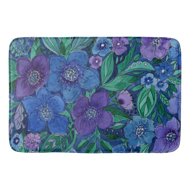 Watercolor, flower garden bath mat (Front)