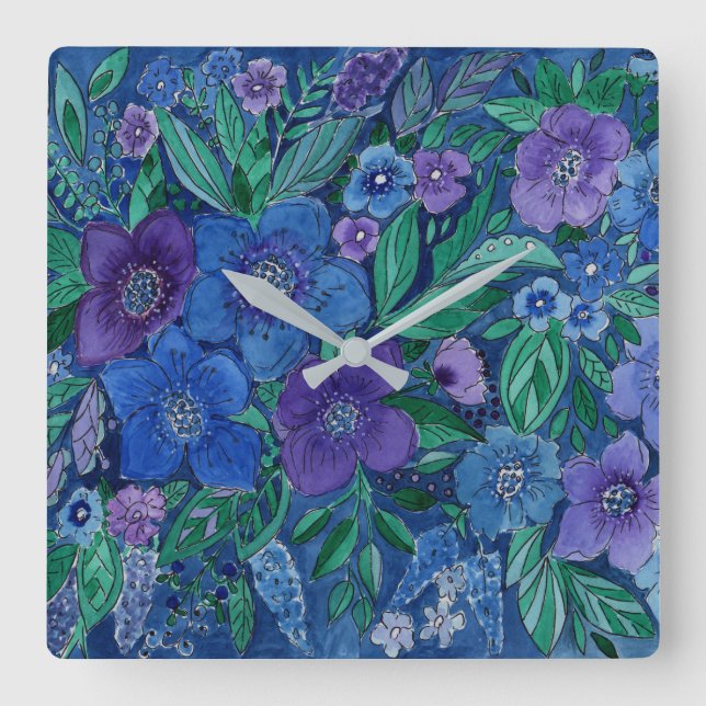 Watercolor, flower garden square wall clock (Front)