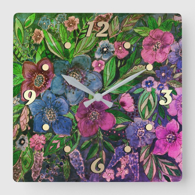 Watercolor, flower garden square wall clock (Front)