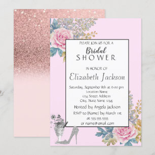 Watercolor Flower,Glitter High Heels Bridal Shower Invitation