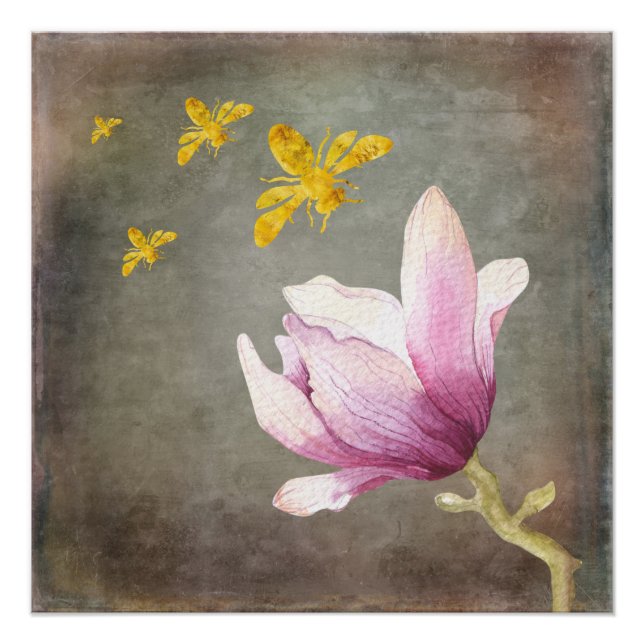 Watercolor Flower & Gold Bees Poster (Front)