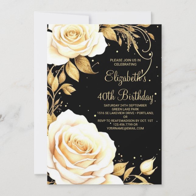Watercolor Flower Gold Elegant 40th Birthday Invitation (Front)
