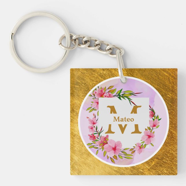 Watercolor Flower Gold Frame | Custom Name Key Ring (Front)