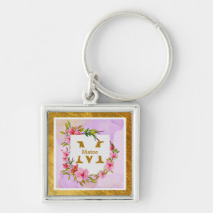Watercolor Flower Gold Frame   Custom Name Key Ring
